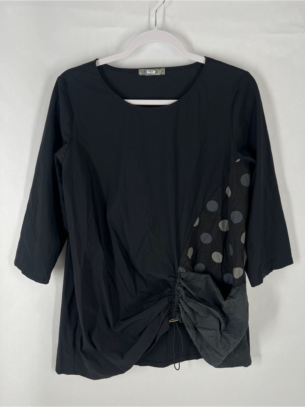 Chalet et Ceci Mixed Media Black Ruched Polka Dot Tunic Top Size Small